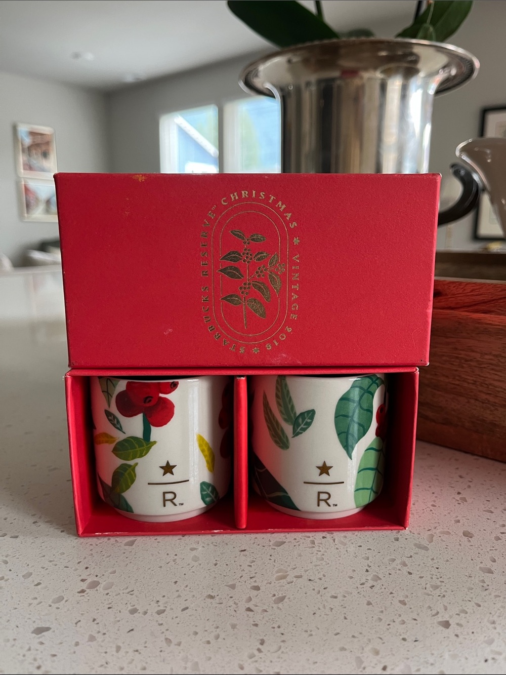 Starbucks White Ceramic Espresso Cup Set with Red and Green Botanical Print